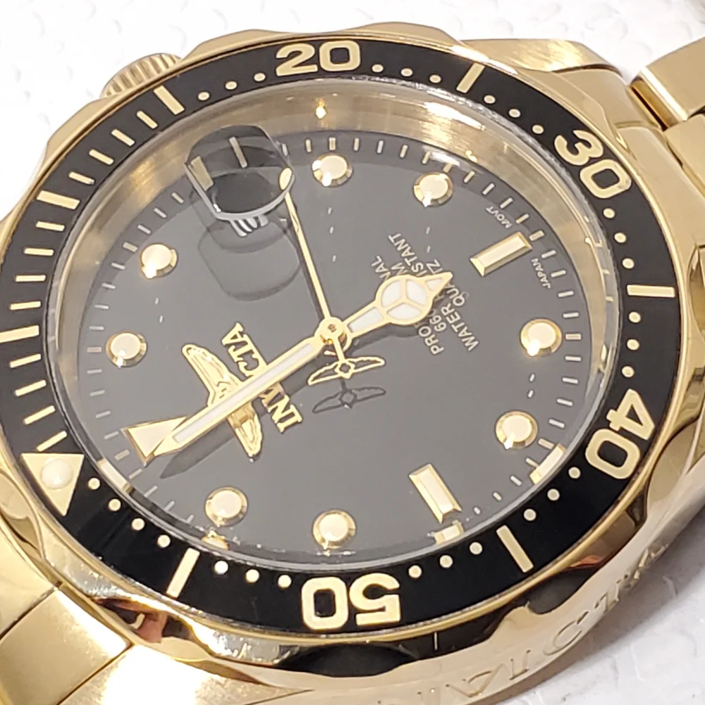 Invicta Men's Date Black Dial Gold Plated Quartz Watch WR 200 Meters